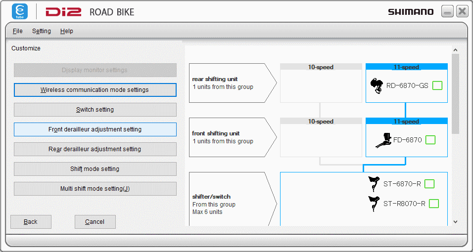 ETP 3.4.5 select derailleur settings