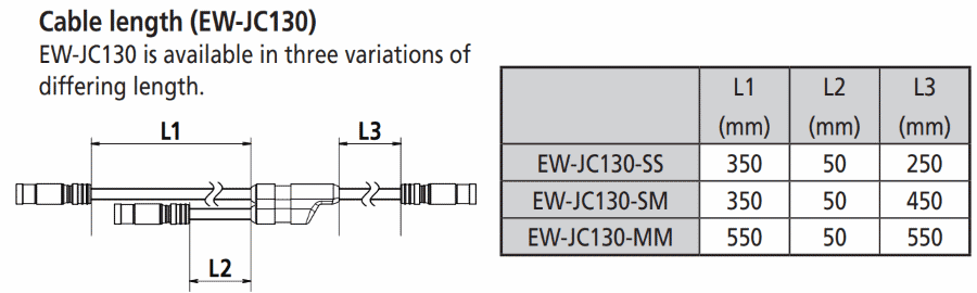EW-JC130 Y-splitter length and dimensions
