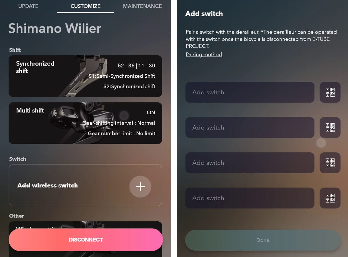 Pair wireless shifters; customize screen