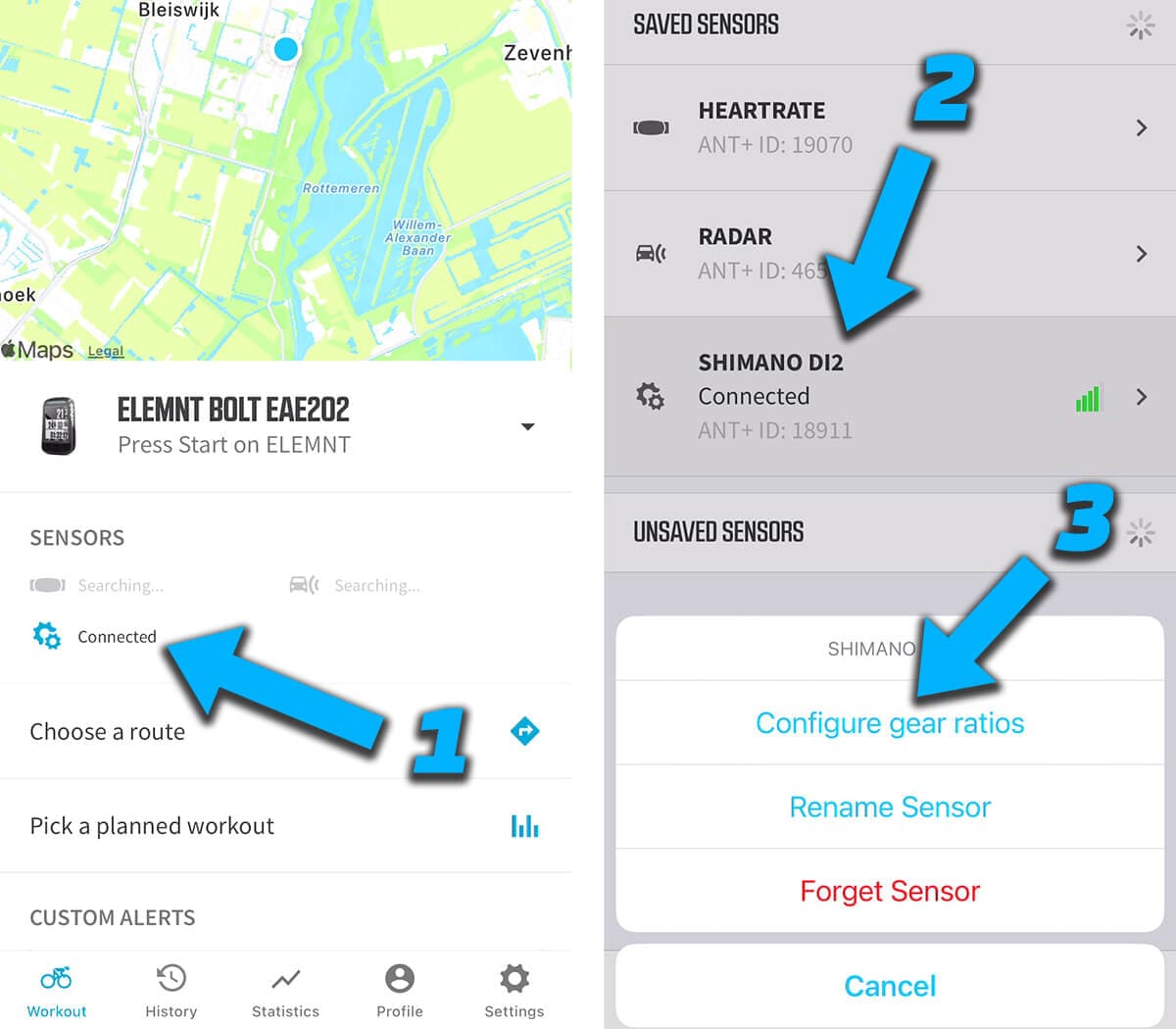 Tap any of the sensors, then select the Shimano Di2 sensor, and 'Configure Gear Ratios'