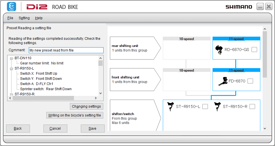 Preset settings as read from a file