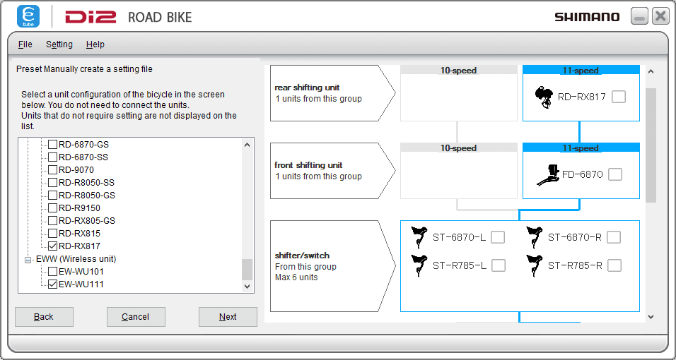 Select components to create preset for