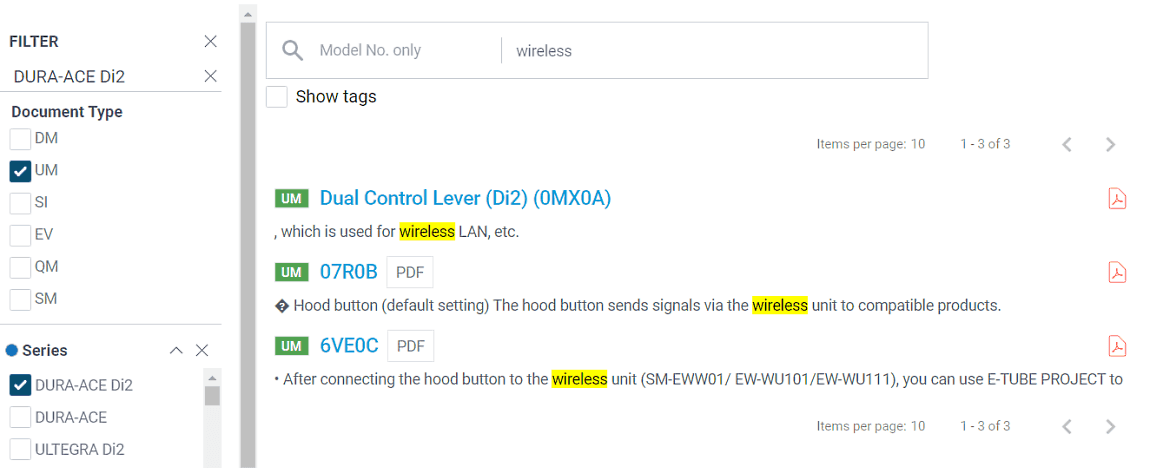 Search text in manuals
