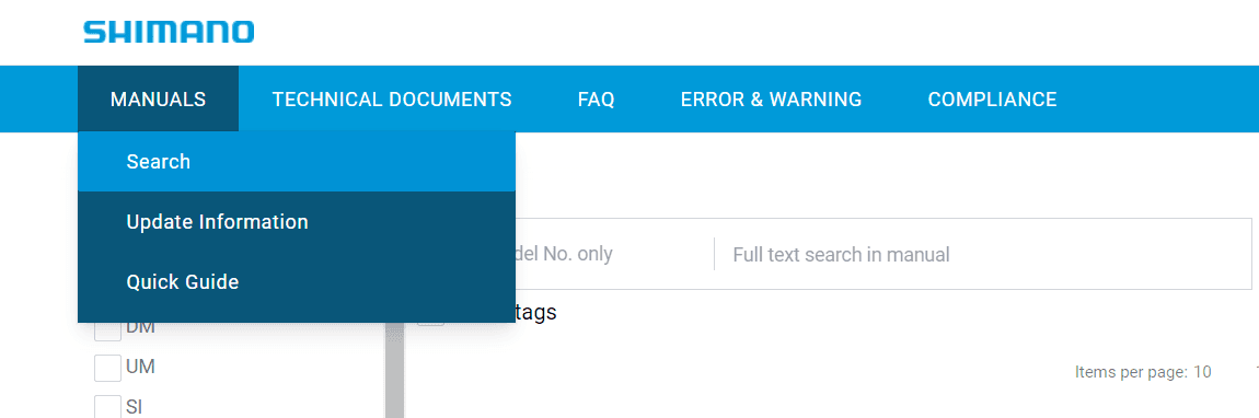 Manuals search in the menu