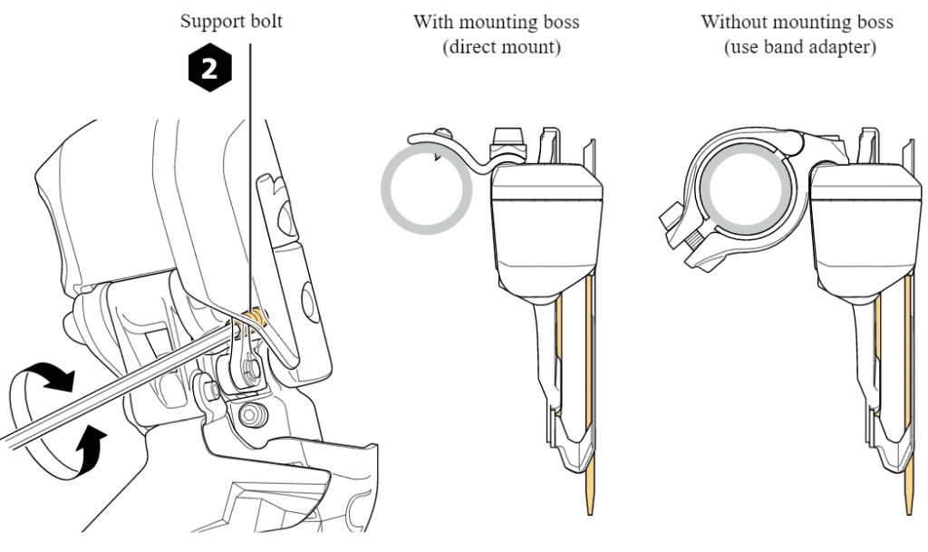 Straighten up the front derailleur using the support bolt