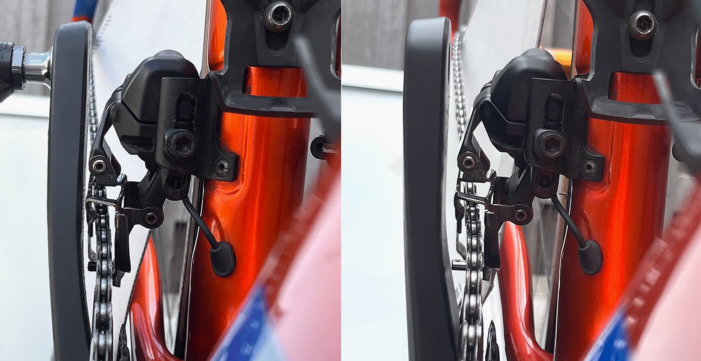 There is only a tiny gap between the front derailleur and 11-speed crank arm (left), while the gap is larger for the 12-speed crankset (right)