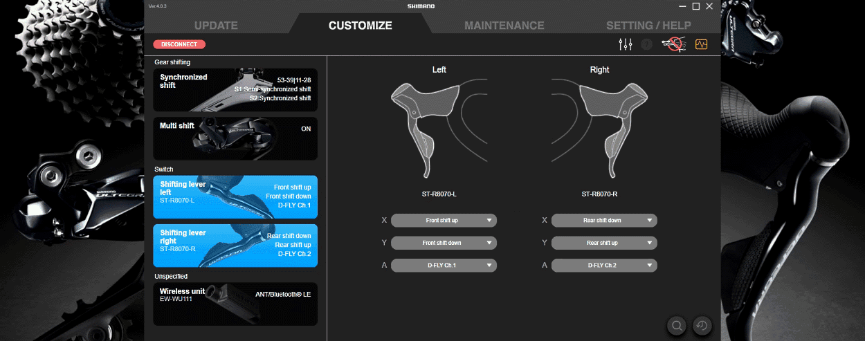Customize tab, shifters selected