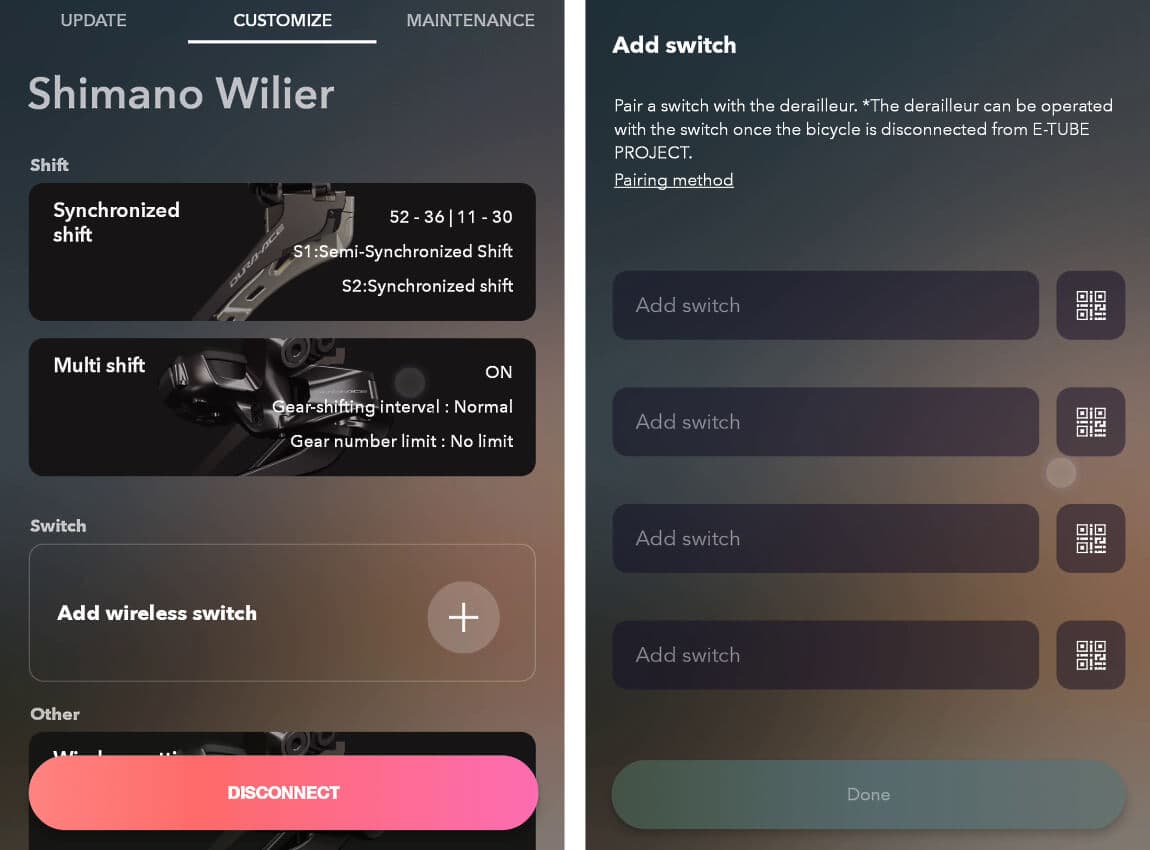 Pair wireless shifters; customize screen
